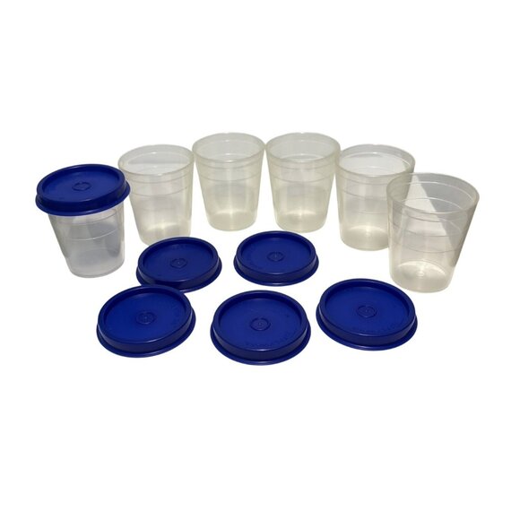 Tupperware Mini Midgets With Lids Lot 6 Clear Containers Blue Lids 2 oz #101 New - Picture 1 of 4